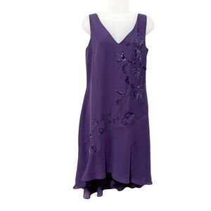 Together Purple Beaded Floral Asymmetrical Hem Dress Sz 10 V-Neck Cocktail